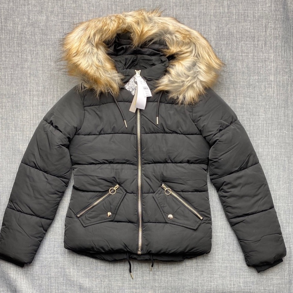 TOPSHOP Faux Fur Trim Puffer Jacket BLACK SIZE US 2